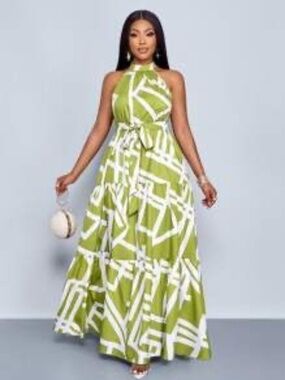 SOLERSUN Plus Size Women's Fashion Casual Full Print Suspender Long Dress